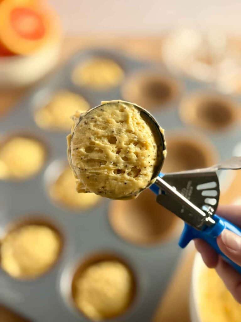 orange poppy seed muffin batter in scoop with muffin tin in background