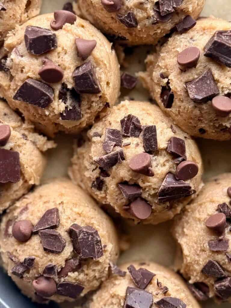 sourdough brown butter chocolate chip cookie dough scooped - close up 