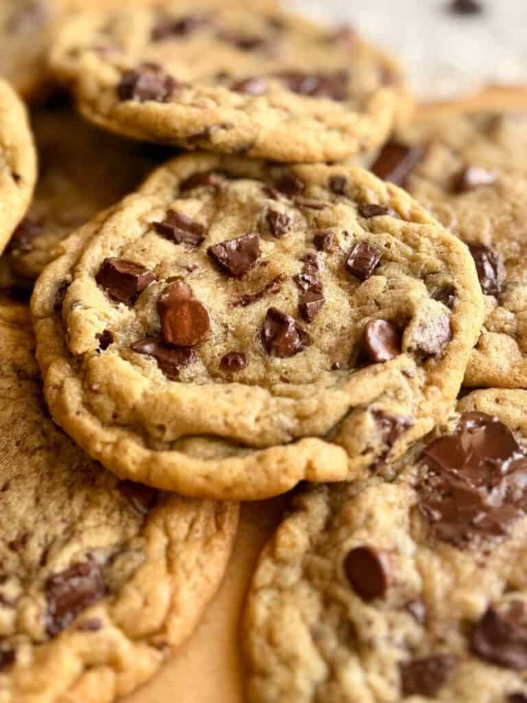 Close up of sourdough brown butter chocolate chip cookies