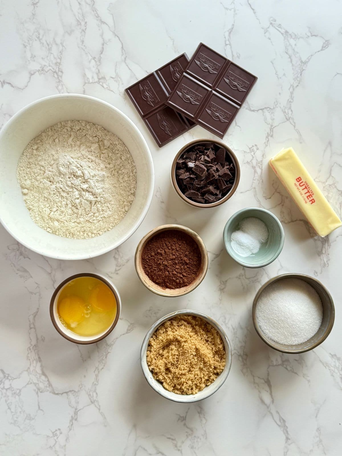 double dark chocolate cookies-ingredients overhead shot