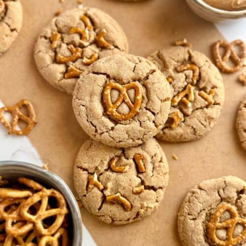 peanut butter pretzel cookies - OH shot of cookies arranged with pretzels in the corner