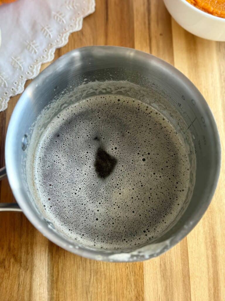 brown butter pumpkin cake-brown butter step 3-butter browned in saucepan