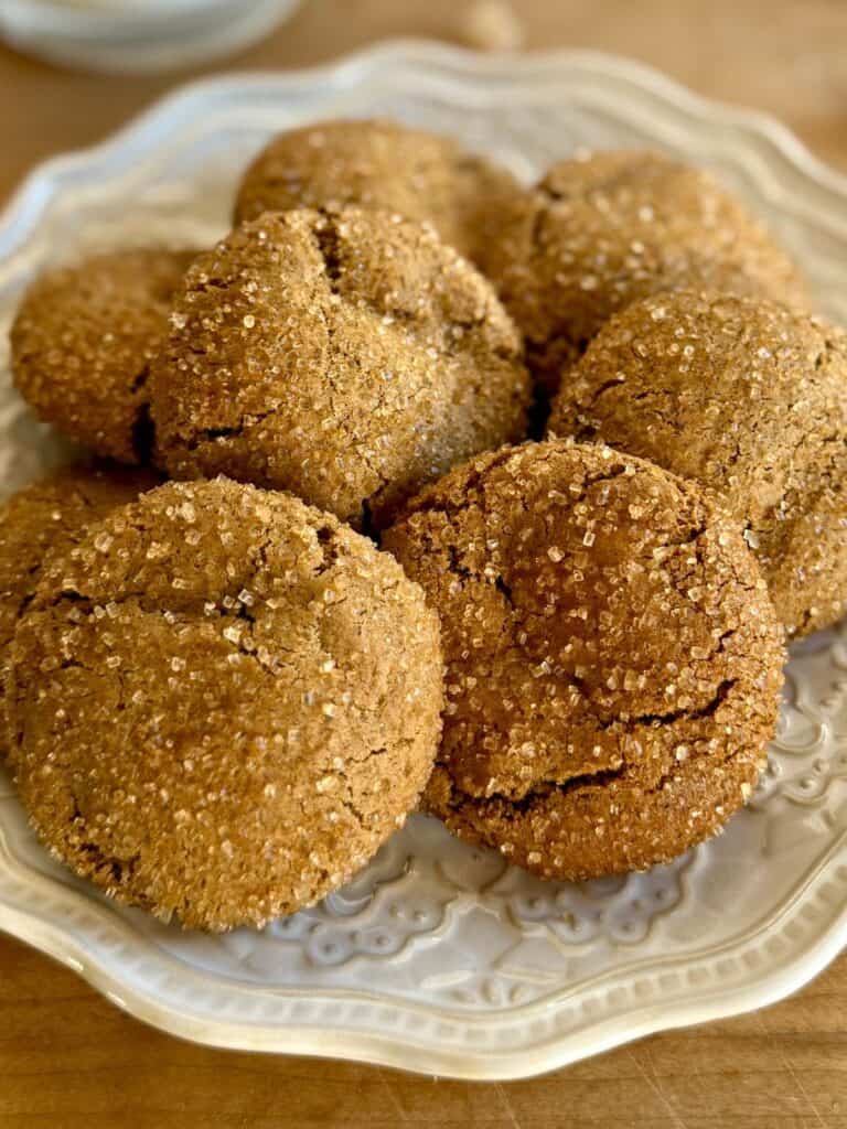 ginger molasses cookies - close up of cookies with sparkly sugar on small white plate