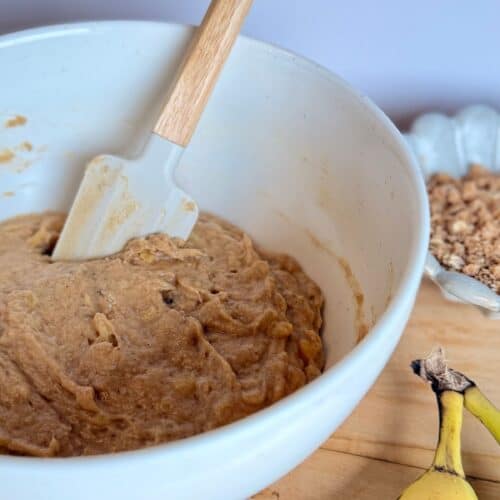 brown butter banana bread batter in bowl