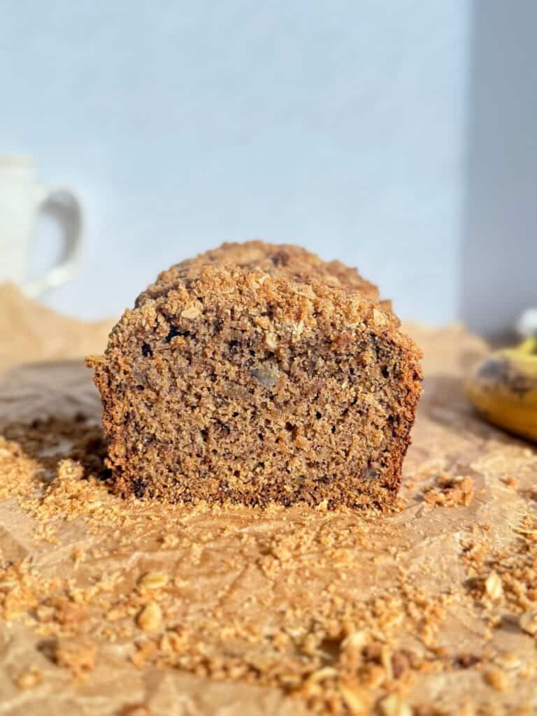 brown butter banana bread loaf cut showing inside crumb