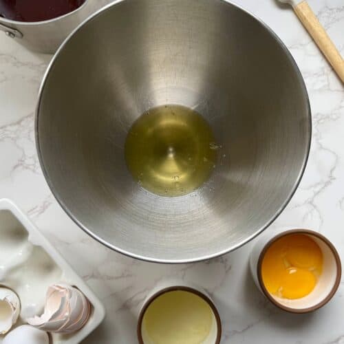 flourless red velvet torte - egg whites and yolks separated with whites in mixing bowl