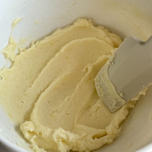 creamed butter and sugar for lemon blueberry cake