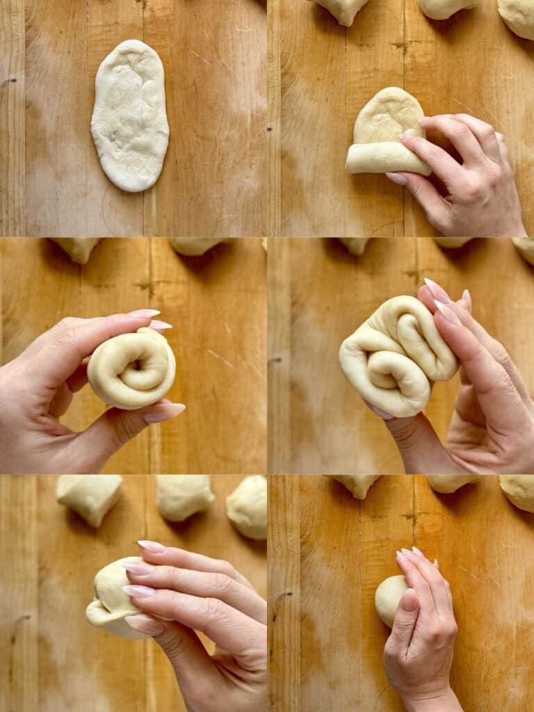Step-by-step collage showing how to shape soft and fluffy dinner rolls by flattening dough, rolling up, and rounding into smooth balls.