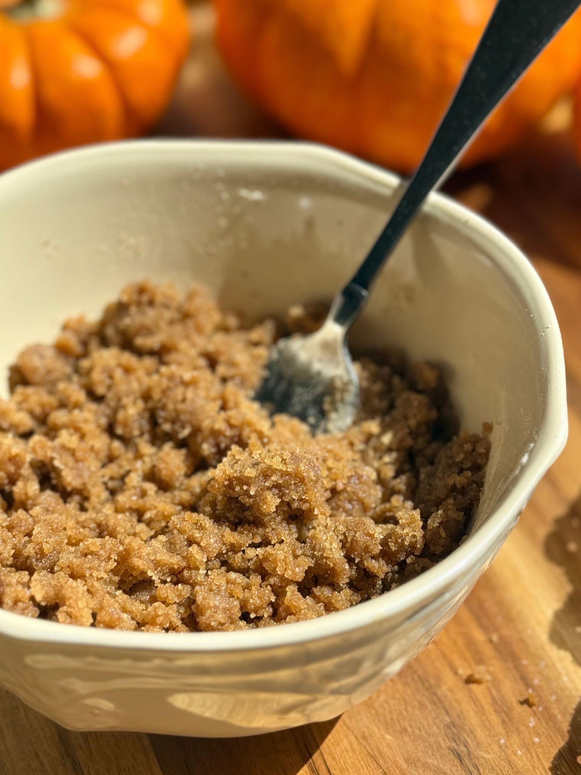 crumbly streusel mixed together in bowl 
