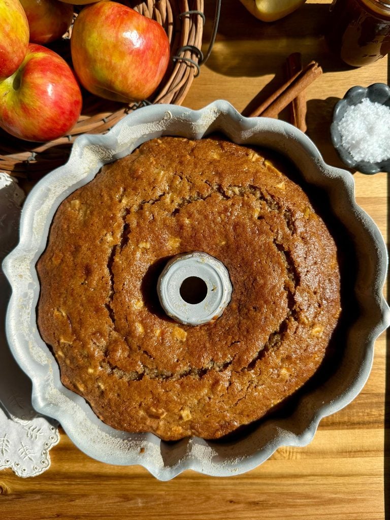 apple cake in bundt pan cooling  